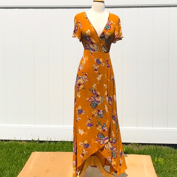 Patrons of Peace Yellow Gold Green and Purple Faux Wrap Maxi Dress Size Small - Picture 1 of 16